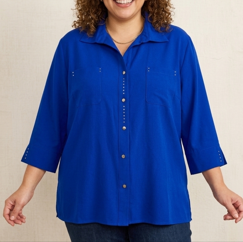 Kathy Che Plus Size Royal Blue Button-Front Shirt With Rhinestones
